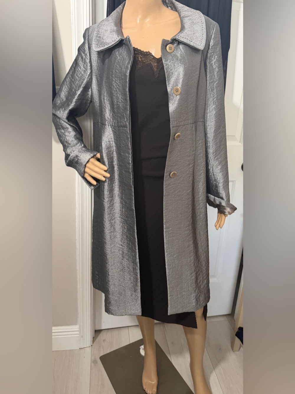 Semantics Silver Metallic Jacket Peter Pan Collar Oversized A-Line Statement